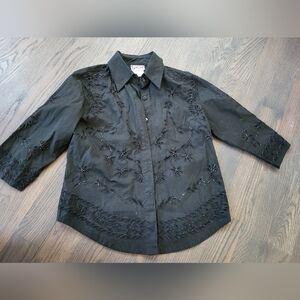 Black Embroidered Button-Up Shirt